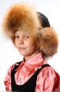 меховая шапка ушанка из рыжей лисы и колпаком из чёрной кожи вид спереди, детские головные уборы